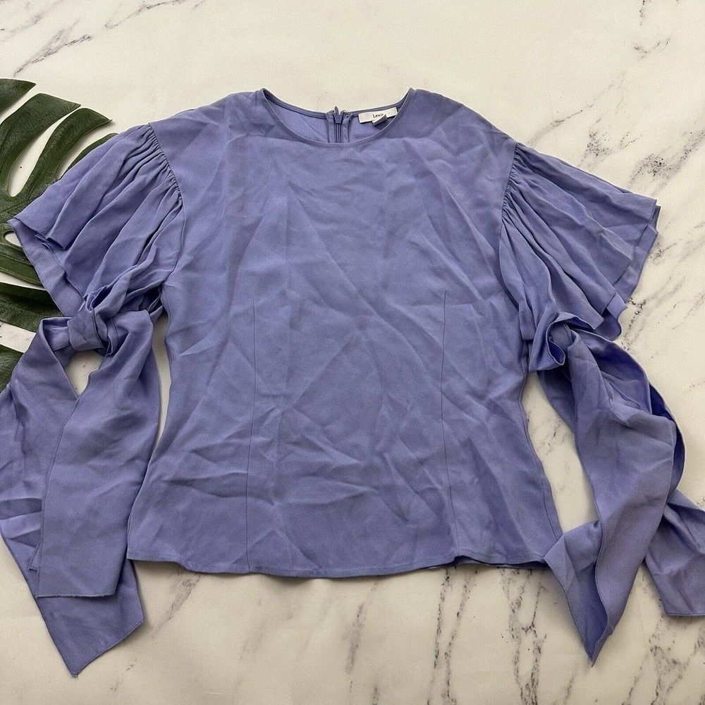 Lewit Womens Statement Flutter Sleeve Blouse Top Size XS Pastel Purple Lilac Tie
